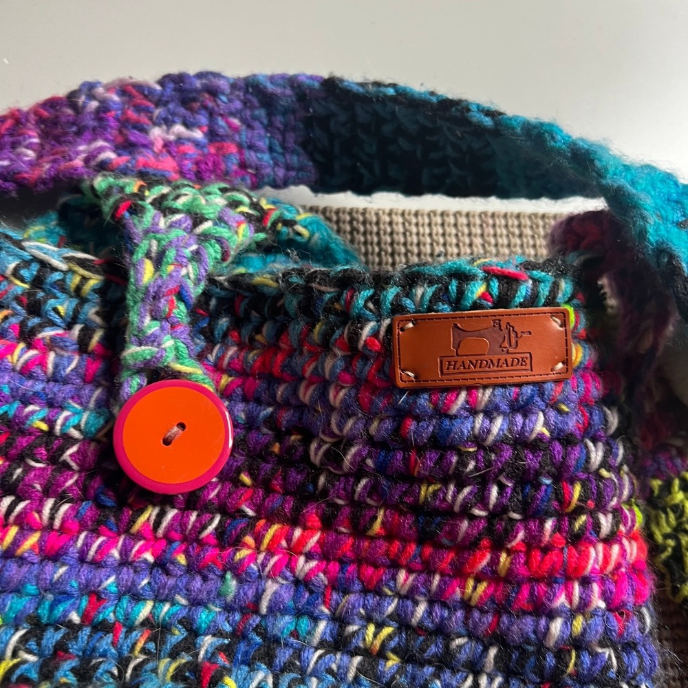 Handmade Crochet Crossbody Bag Multi Color Rainbow Boho Bucket Bag with Charm - Picture 4 of 7